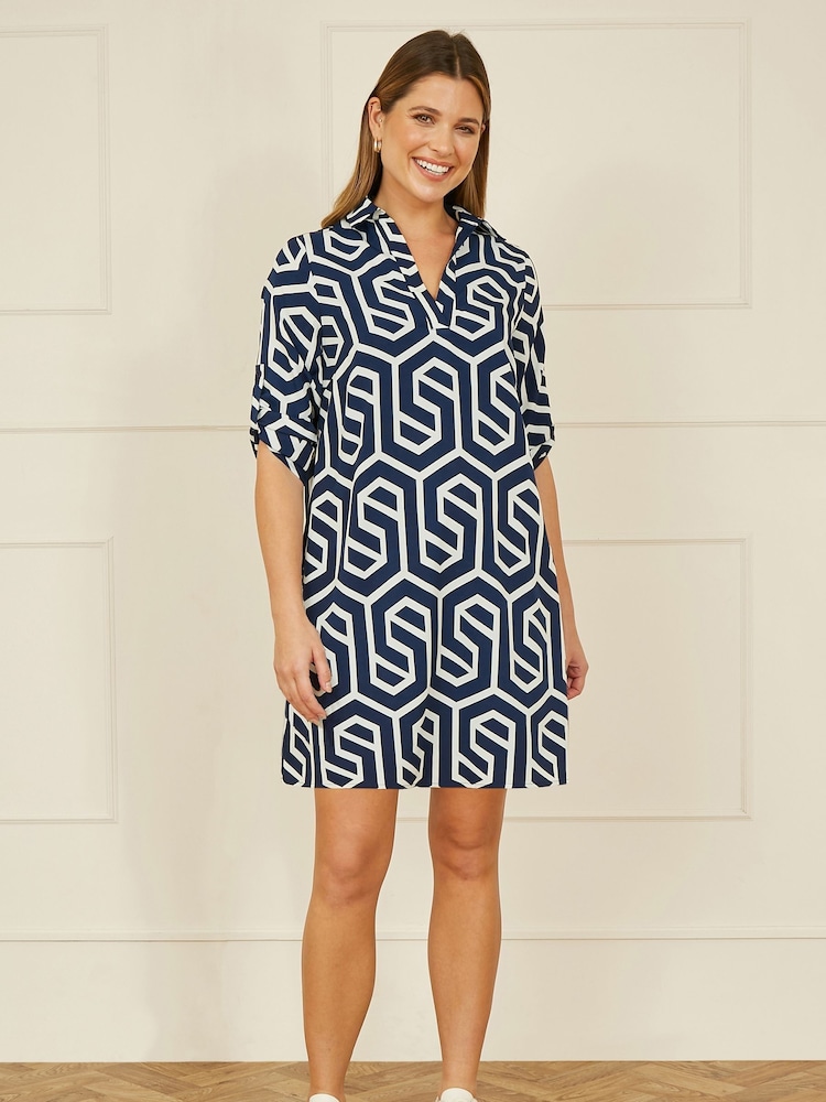 Yumi Blue Geo Print Tunic Dress With Pockets - Image 2 of 5