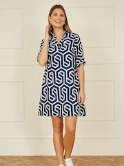 Yumi Blue Geo Print Tunic Dress With Pockets - Image 3 of 5