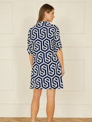 Yumi Blue Geo Print Tunic Dress With Pockets - Image 4 of 5