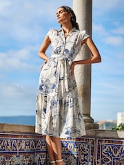 Yumi Cream Abstract Floral Print  Midi Shirt Dress - Image 1 of 5