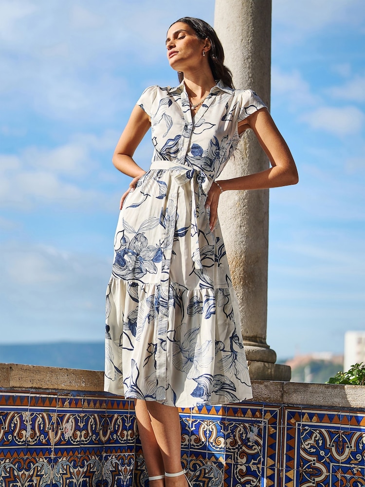 Yumi Cream Abstract Floral Print  Midi Shirt Dress - Image 1 of 5