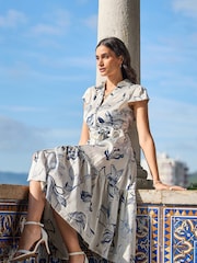 Yumi Cream Abstract Floral Print  Midi Shirt Dress - Image 2 of 5