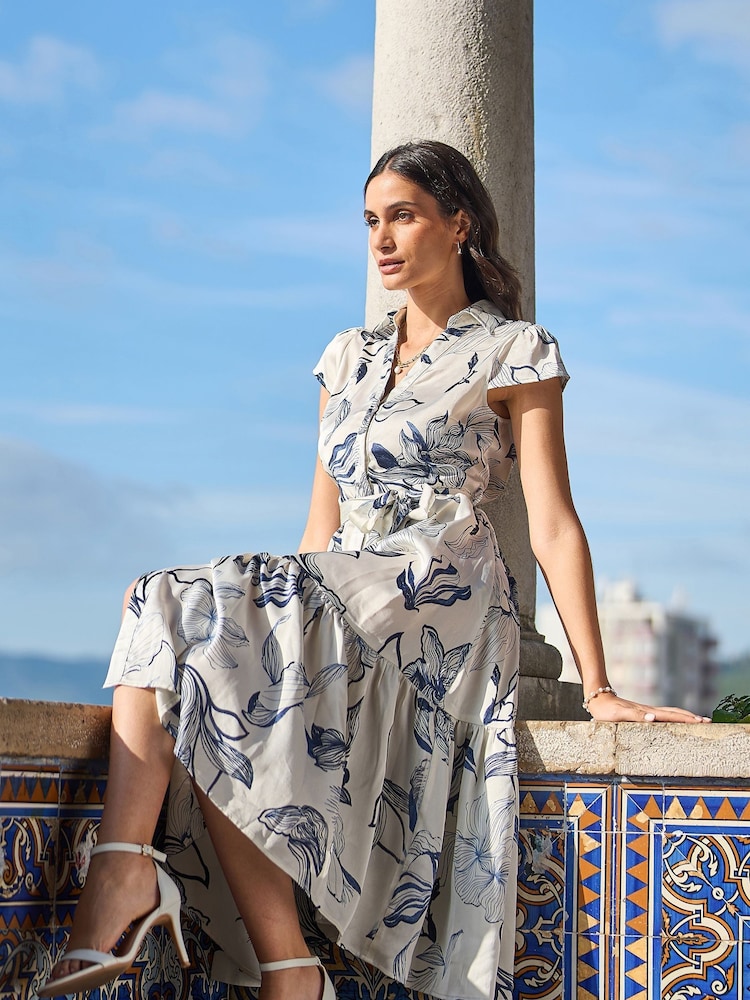 Yumi Cream Abstract Floral Print  Midi Shirt Dress - Image 2 of 5