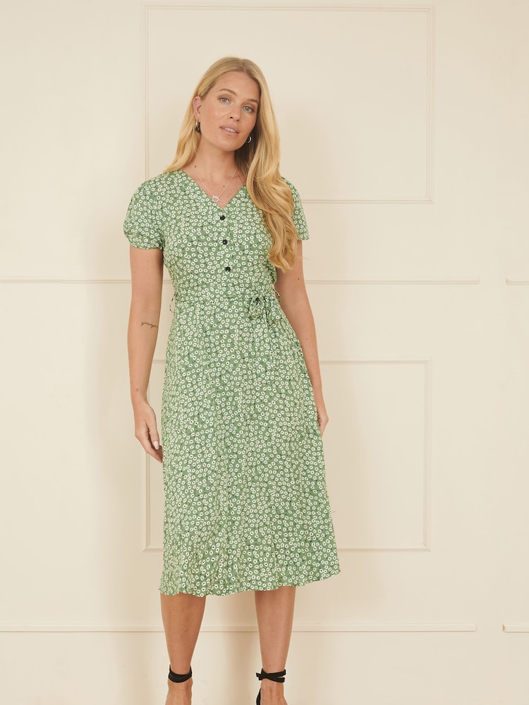 Yumi Green Ditsy Print Midi Tea Dress - Image 2 of 5