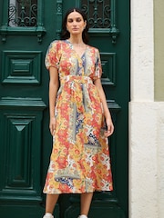 Yumi Orange Floral Patchwork Print Midi Shirt Dress - Image 1 of 5