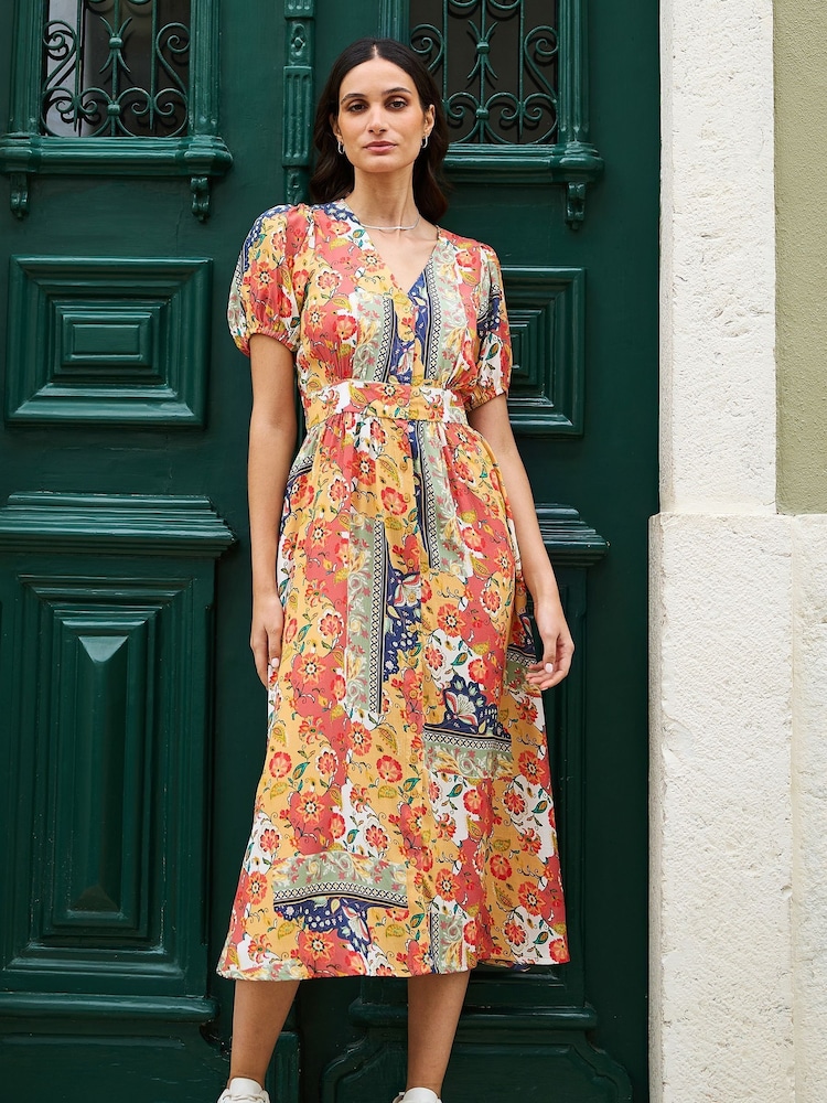 Yumi Orange Floral Patchwork Print Midi Shirt Dress - Image 1 of 5