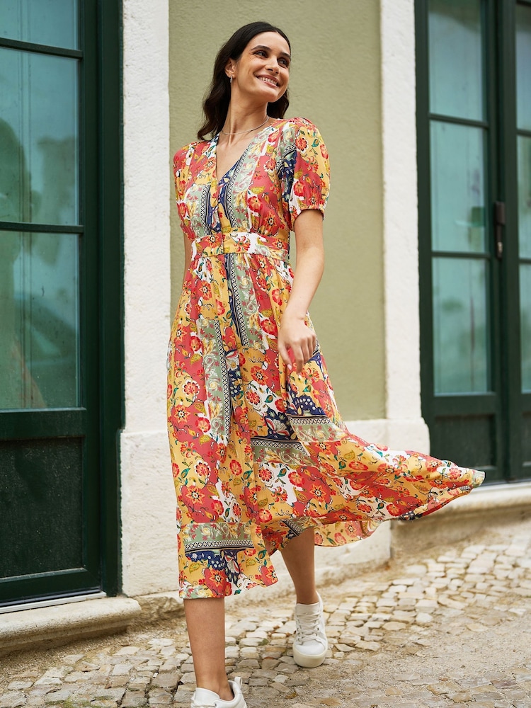 Yumi Orange Floral Patchwork Print Midi Shirt Dress - Image 2 of 5