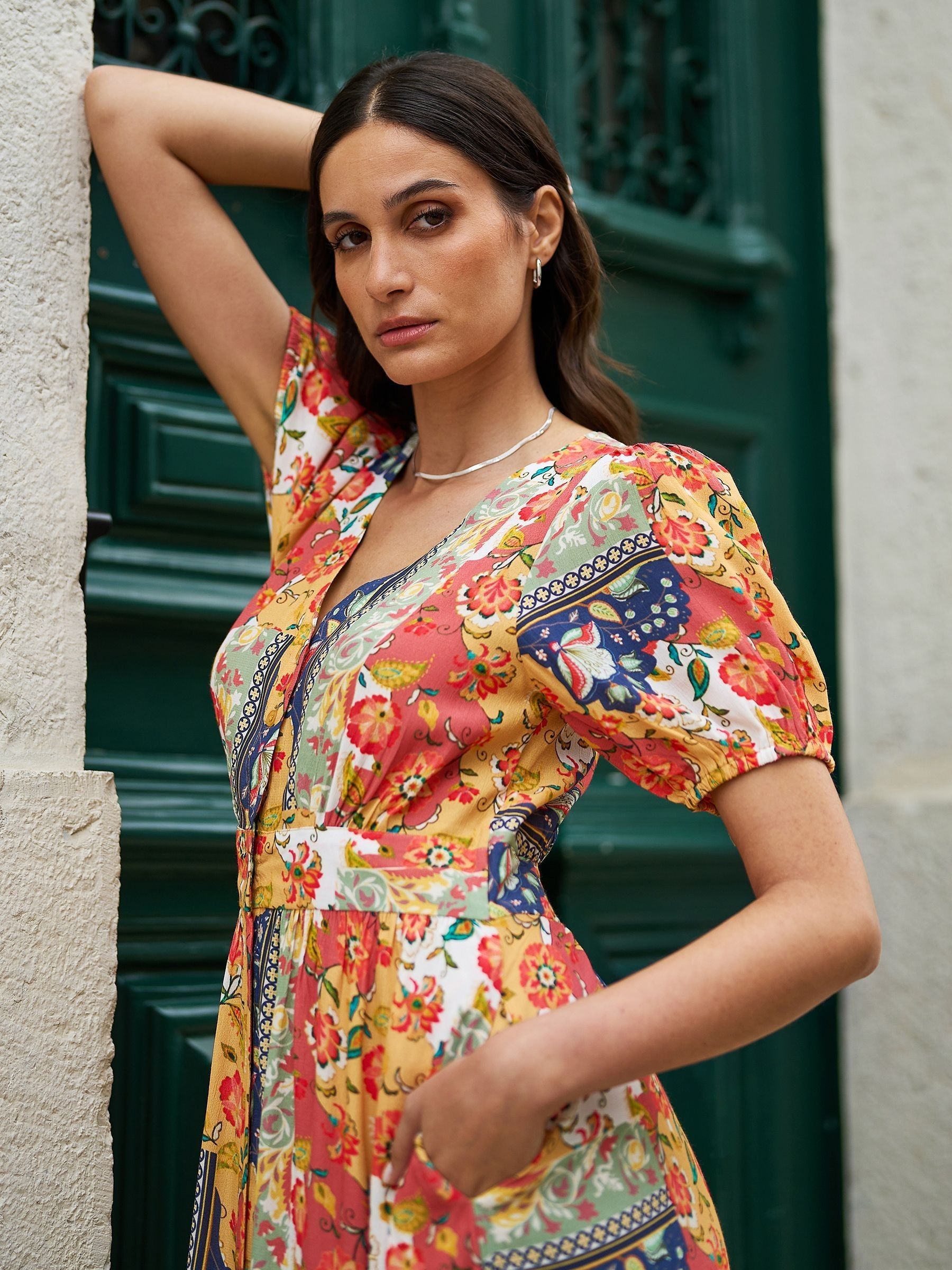 Buy Yumi Orange Floral Patchwork Print Midi Shirt Dress from Next USA