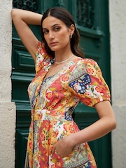 Yumi Orange Floral Patchwork Print Midi Shirt Dress - Image 3 of 5