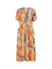 Yumi Orange Floral Patchwork Print Midi Shirt Dress - Image 5 of 5