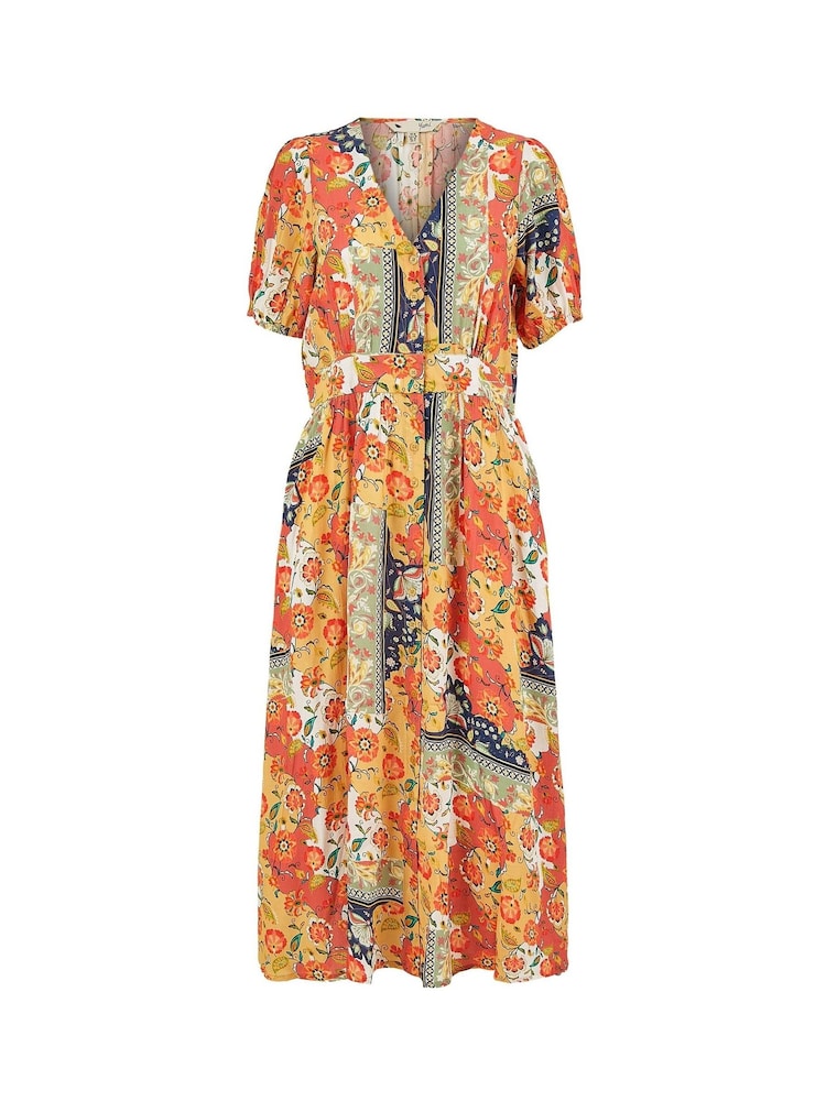 Yumi Orange Floral Patchwork Print Midi Shirt Dress - Image 5 of 5