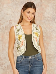 Yumi Cream Floral Print Embroidered 100% Cotton Waist Coat - Image 1 of 5