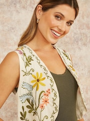 Yumi Cream Floral Print Embroidered 100% Cotton Waist Coat - Image 3 of 5