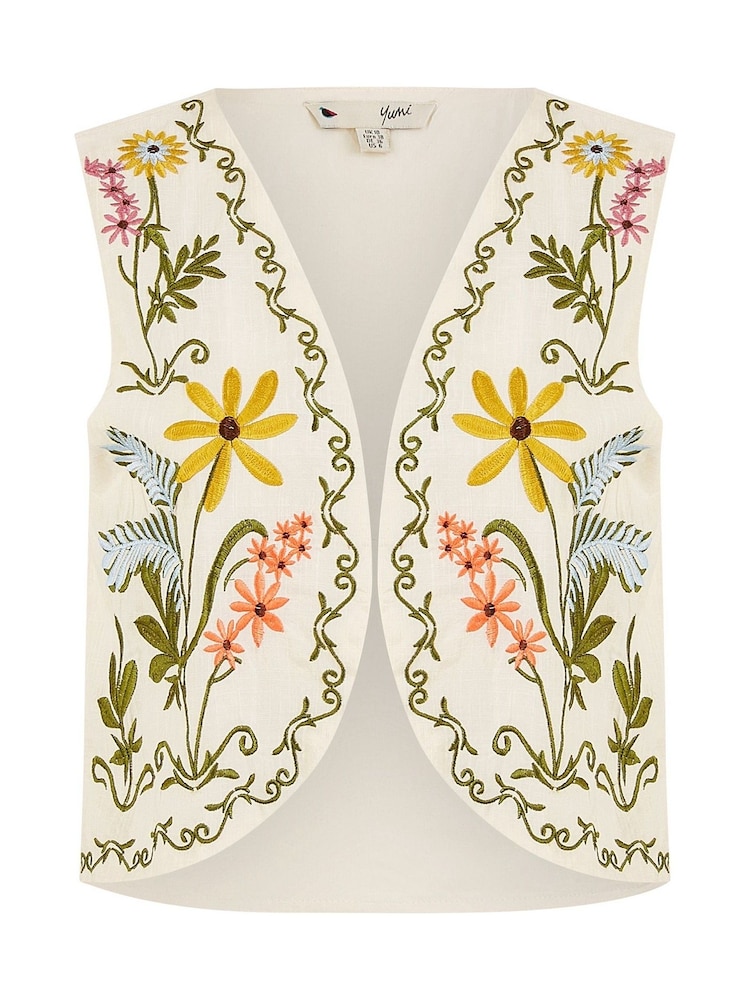 Yumi Cream Floral Print Embroidered 100% Cotton Waist Coat - Image 5 of 5
