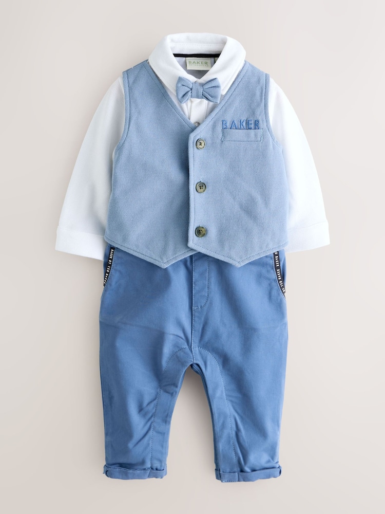 Baker by Ted Baker Blue Smart Bow Tie Rompersuit - Imagem 1 de 6 Baker by Ted Baker Blue Smart Bow Tie Rompersuit - Imagem 1 de 6