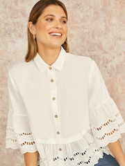 Yumi White Linen Relaxed Shirt With Scallop Trims - Image 1 of 5