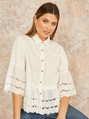 Yumi White Linen Relaxed Shirt With Scallop Trims - Image 3 of 5