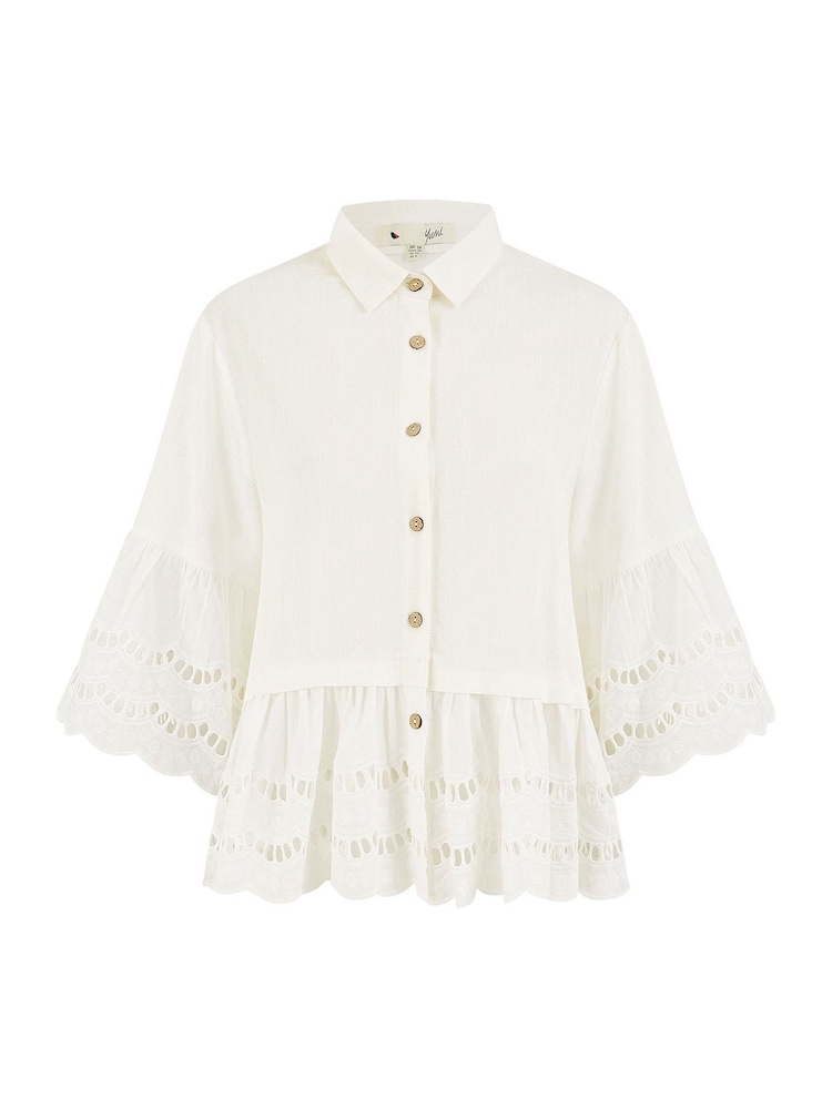 Yumi White Linen Relaxed Shirt With Scallop Trims - Image 5 of 5