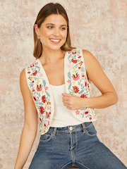 Yumi Cream Folk Embroidered 100% Cotton Waist Coat - Image 1 of 5