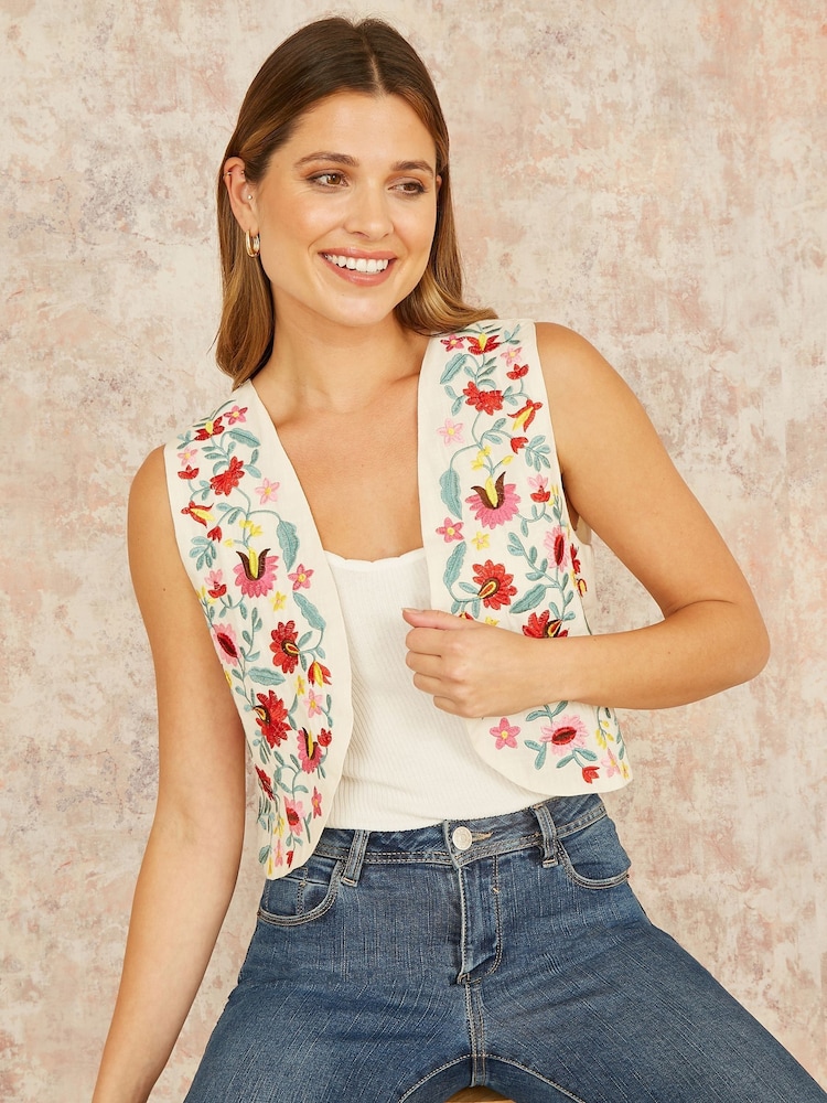 Yumi Cream Folk Embroidered 100% Cotton Waist Coat - Image 1 of 5