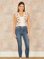 Yumi Cream Folk Embroidered 100% Cotton Waist Coat - Image 2 of 5