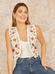 Yumi Cream Folk Embroidered 100% Cotton Waist Coat - Image 3 of 5
