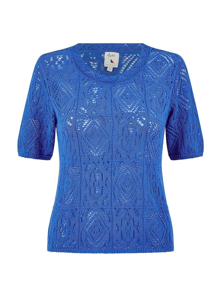 Yumi Blue Cotton Crochet Knitted 100% Cotton Top - Image 4 of 4 Yumi Blue Cotton Crochet Knitted 100% Cotton Top - Image 4 of 4