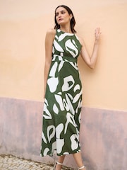 Yumi Green Abstract Print 100% Cotton Maxi Dress With Tie Back - Image 3 of 5