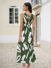 Yumi Green Abstract Print 100% Cotton Maxi Dress With Tie Back - Image 4 of 5
