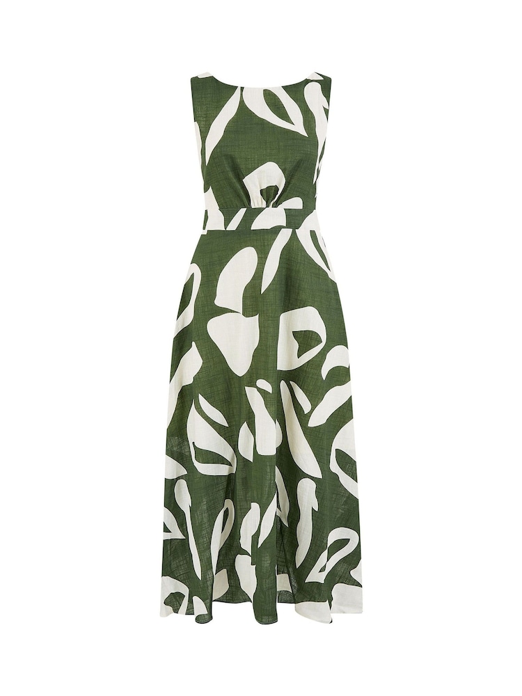 Yumi Green Abstract Print 100% Cotton Maxi Dress With Tie Back - Image 5 of 5