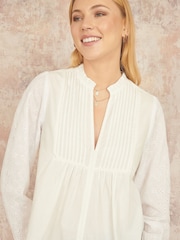 Yumi White Pleated Bib 100% Cotton Blouses - Image 3 of 5