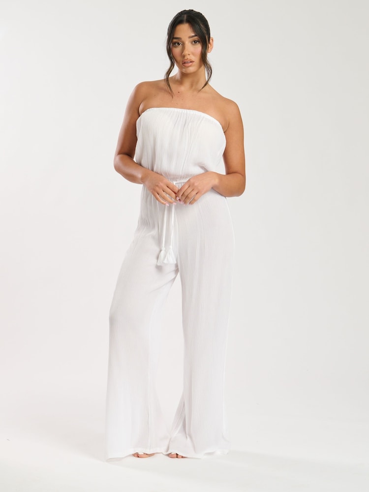 South Beach White Crinkle Viscose Sheer Strapless Jumpsuit - Image 2 of 4 South Beach White Crinkle Viscose Sheer Strapless Jumpsuit - Image 2 of 4