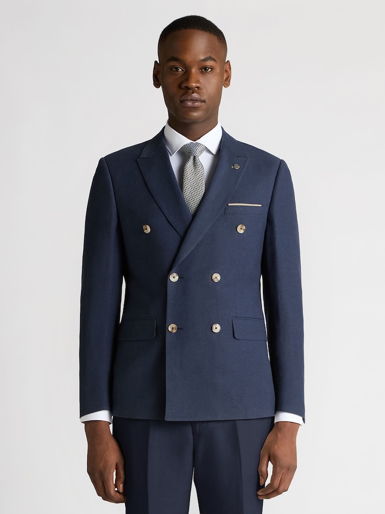 Remus Uomo Blue Double Breasted Slim Fit Double-Breasted Linen-Blend Suit Jacket - Image 1 of 6