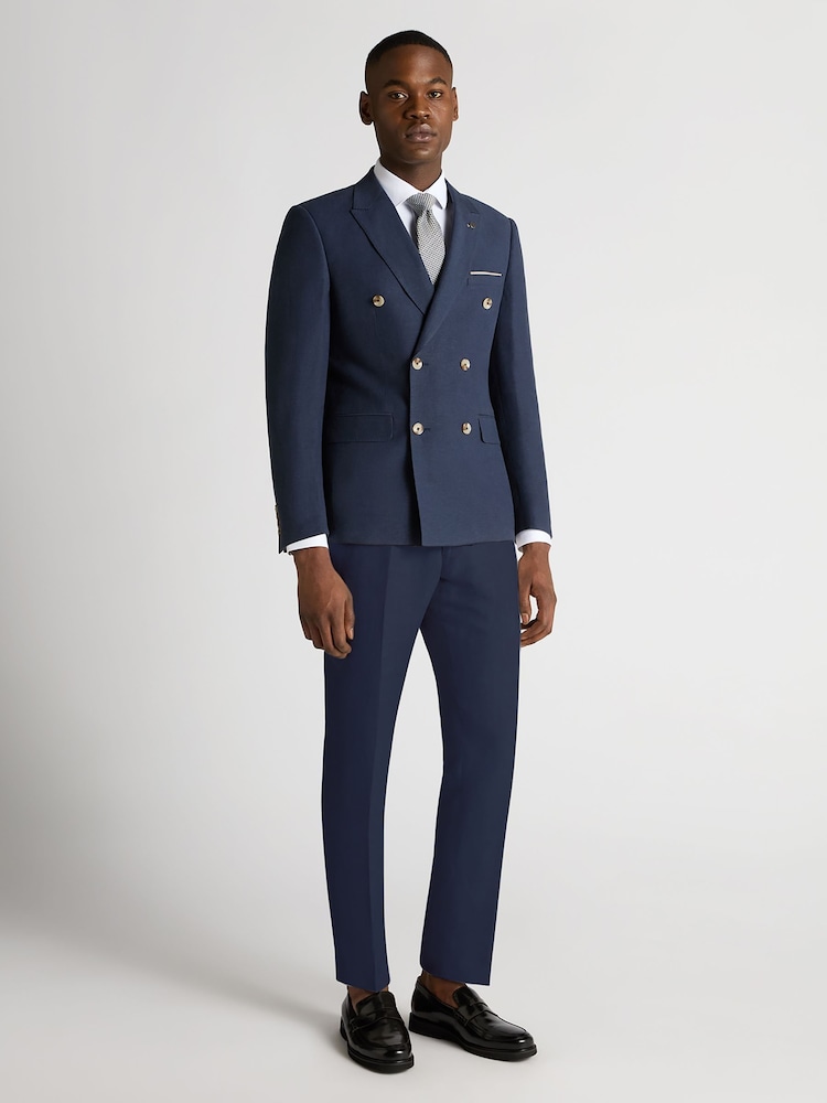Remus Uomo Blue Double Breasted Slim Fit Double-Breasted Linen-Blend Suit Jacket - Image 2 of 6