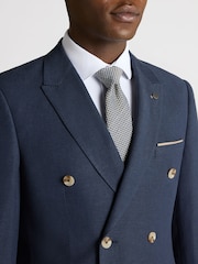 Remus Uomo Blue Double Breasted Slim Fit Double-Breasted Linen-Blend Suit Jacket - Image 4 of 6