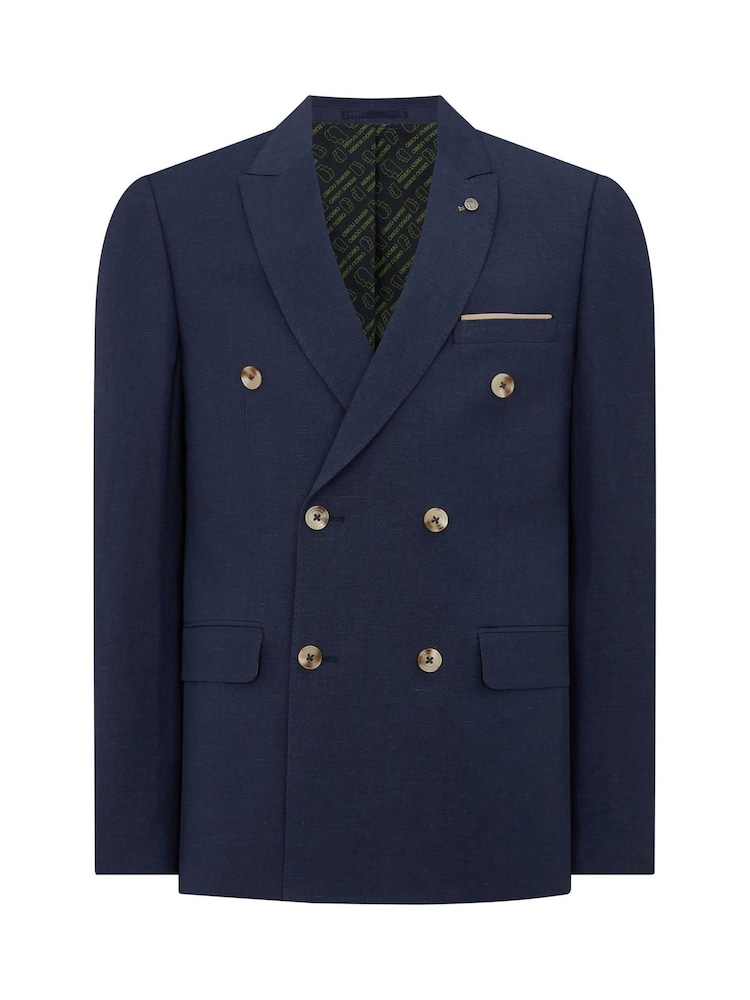 Remus Uomo Blue Double Breasted Slim Fit Double-Breasted Linen-Blend Suit Jacket - Image 6 of 6