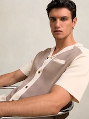 Reiss Taupe Brown/Light Stone Noble Colour-Block Cuban-Collar Knit Shirt - Image 1 of 6