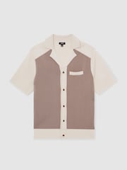 Reiss Taupe Brown/Light Stone Noble Colour-Block Cuban-Collar Knit Shirt - Image 2 of 6