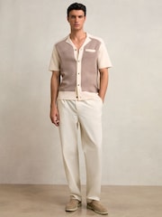Reiss Taupe Brown/Light Stone Noble Colour-Block Cuban-Collar Knit Shirt - Image 3 of 6