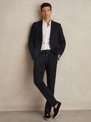 Reiss Navy Gerrard Slim Fit Jersey Drawstring Suit Trousers - Image 1 of 5