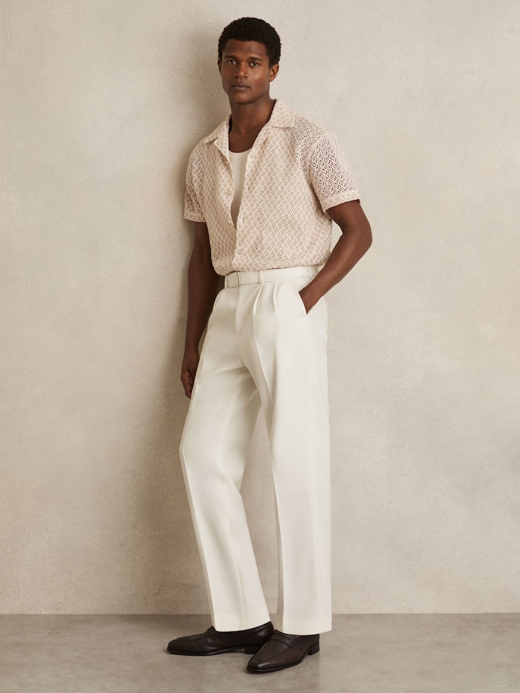 White - Reiss Strap Regular Fit Wool Blend Belted Pleated Trousers - Image 1 of 6