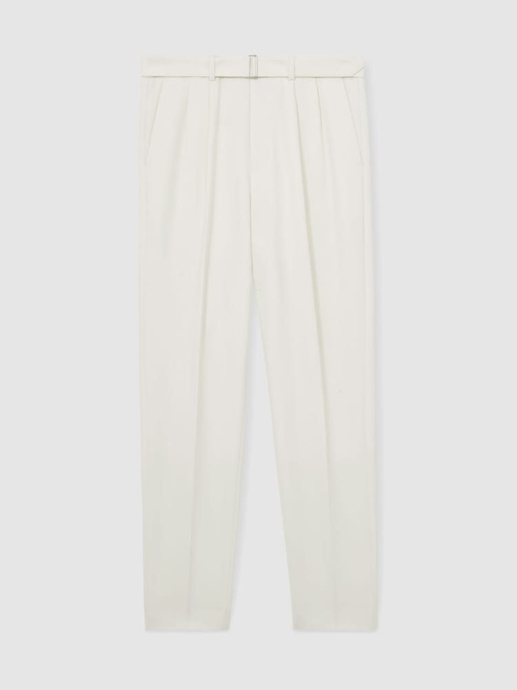 White - Reiss Strap Regular Fit Wool Blend Belted Pleated Trousers - Image 2 of 6