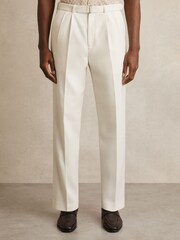 White - Reiss Strap Regular Fit Wool Blend Belted Pleated Trousers - Image 3 of 6