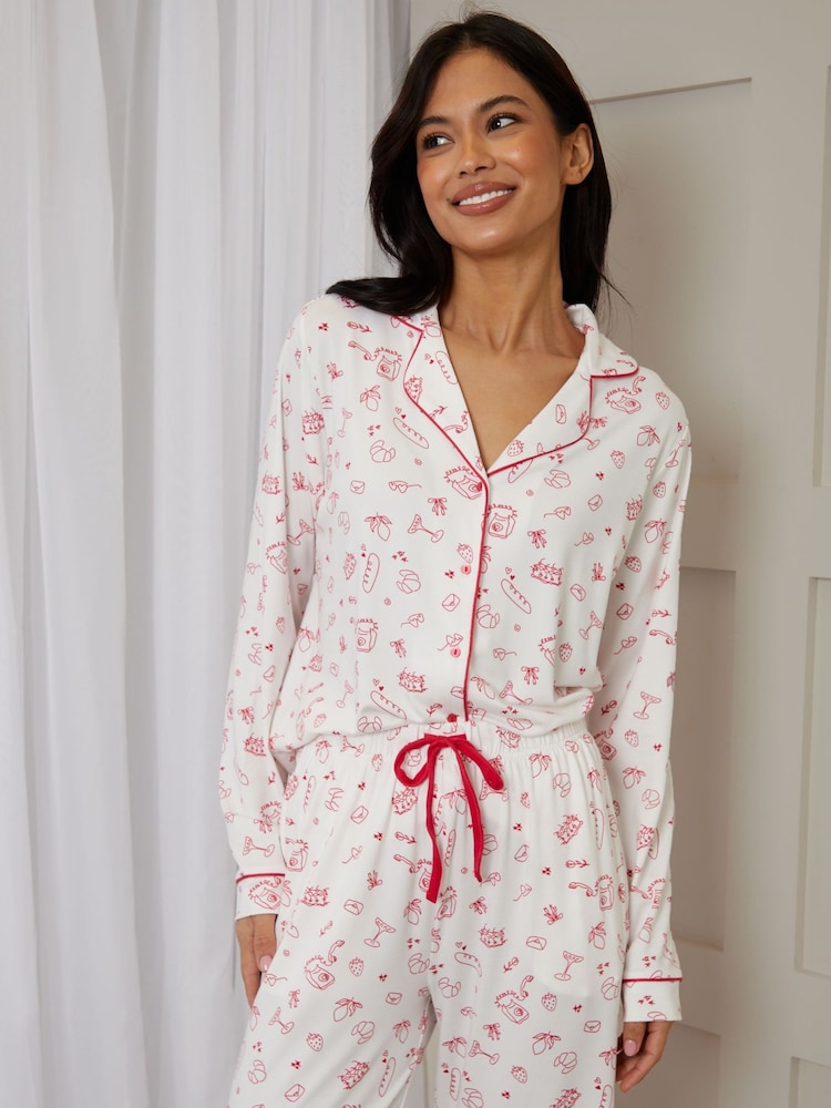 Threadbare White Printed Long Button Through Pyjamas - Image 1 of 4