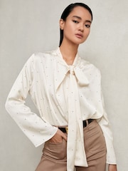 Reiss Ivory Rina Satin Polka Dot Tie Neck Blouse - Image 3 of 6