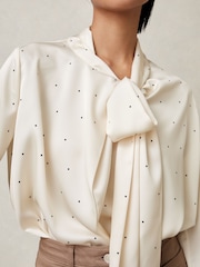 Reiss Ivory Rina Satin Polka Dot Tie Neck Blouse - Image 4 of 6