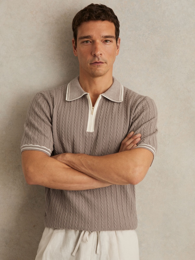 Light Taupe Brown - Reiss Jarvis Micro-Cable Half-Zip Polo Shirt - Imagen 1 de 6