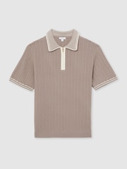 Light Taupe Brown - Reiss Jarvis Micro-Cable Half-Zip Polo Shirt - Imagen 2 de 6
