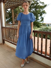 Threadbare Blue Puff Sleeve Shirred Asymmetric Dress - Image 1 of 4