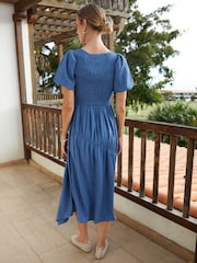 Threadbare Blue Puff Sleeve Shirred Asymmetric Dress - Image 2 of 4